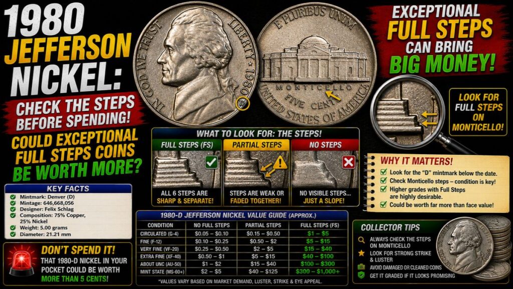 1980 Jefferson Nickel: Check the Steps Before Spending! Could Exceptional Full Steps Coins Be Worth More?