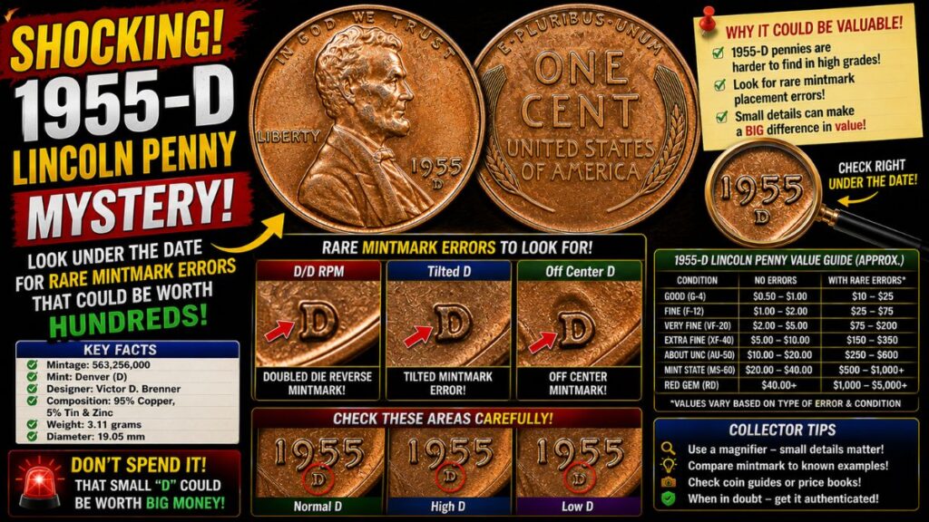 Shocking 1955-D Lincoln Penny Mystery: Look Under the Date for Rare Mintmark Errors That Could Be Worth Hundreds