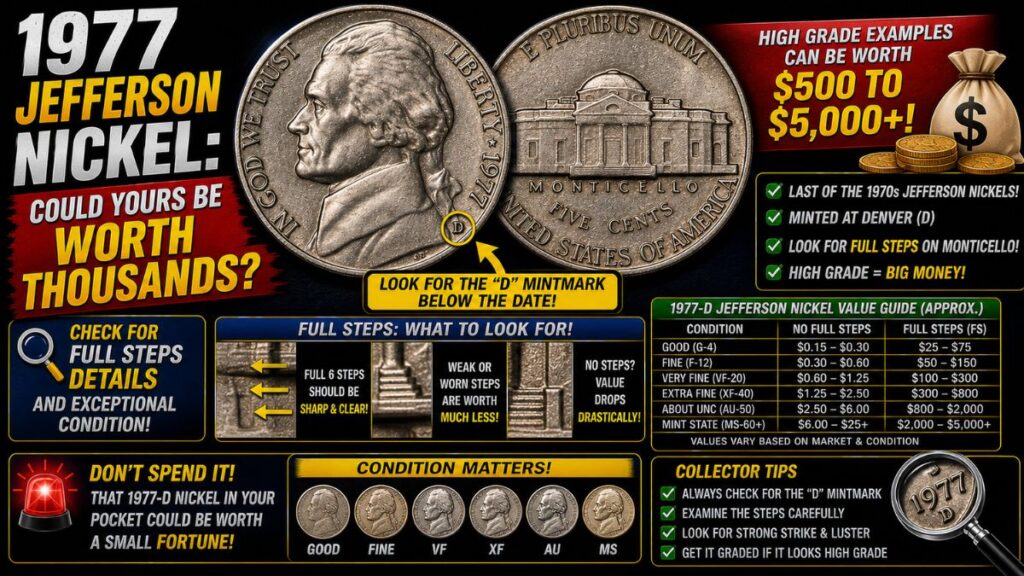 1977 Jefferson Nickel: Could Yours Be Worth Thousands? Check for Full Steps Details and Exceptional Condition